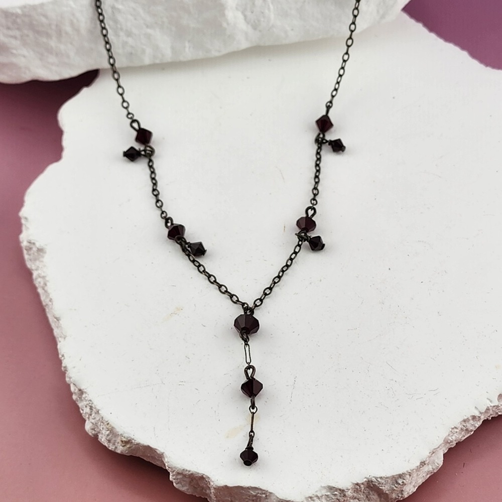 Dark Red Crystal Bead Y Drop Necklace Gunmetal Chain Gothic Dainty Statement